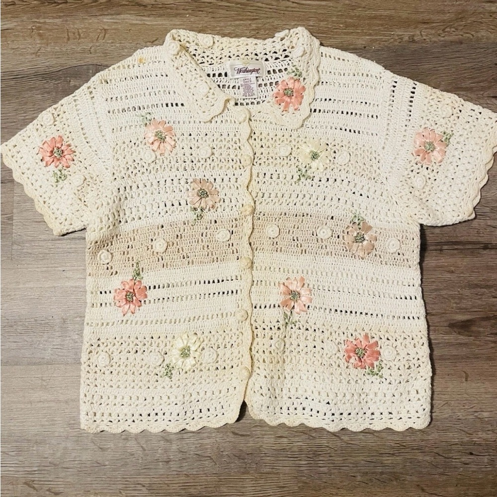 Vintage Crochet Shirt - Cream with Pink Floral Accents - Picture 1 of 6